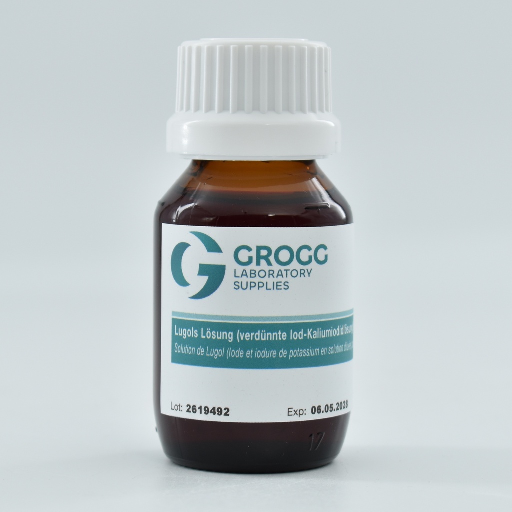 Solution de Lugol (solution diluée d'iodure de potassium et d'iode) pour la coloration de Gram
