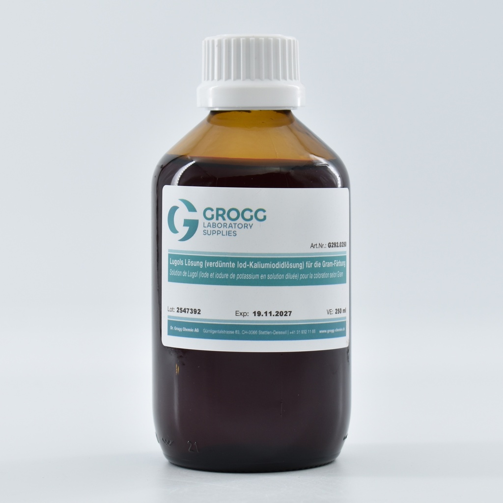 Solution de Lugol (solution diluée d'iodure de potassium et d'iode) pour la coloration de Gram