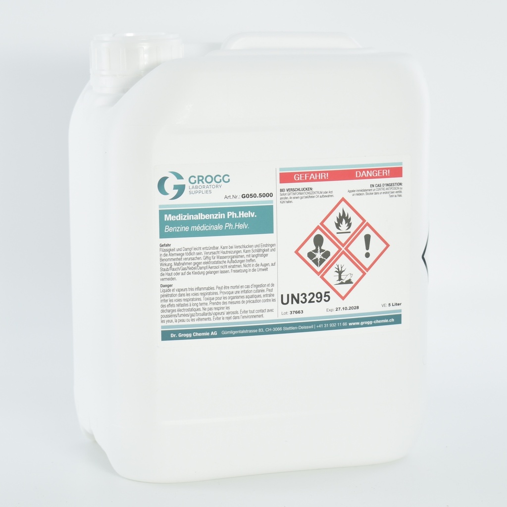 Benzine médicinale Ph.Helv. (Cette marchandise a été imposée à un taux de faveur ; elle ne peut donc pas être utilisée comme carburant. Les infractions sont sanctionnées conformément à la loi sur l'imposition des huiles minérales)