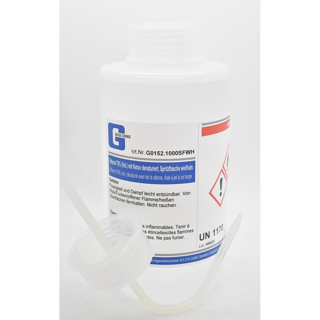 Ethanol 70% (vol.) dénaturé avec de la cétone, conditionné en fiole à jet à col large, complet, y compris l'embout de la seringue