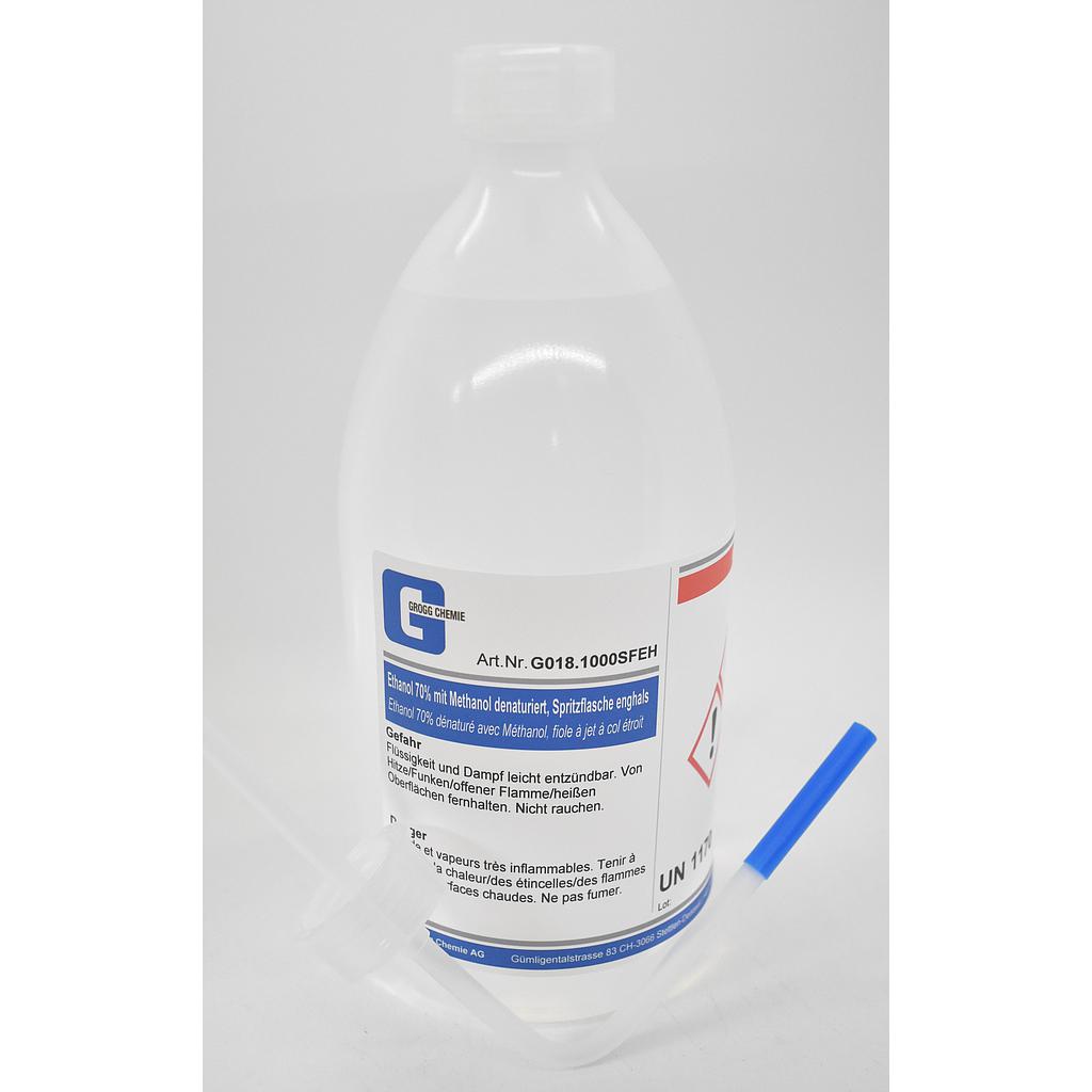 Ethanol 70% (vol.) denatured with methanol, filled in a narrow-necked spray bottle, complete incl. spray insert