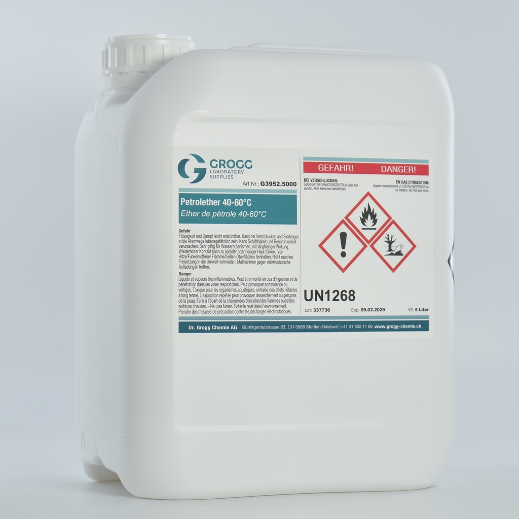 Petrolether 40-60°C (Diese Ware wurde zu einem begünstigten Satz versteuert; sie darf daher nicht als Treibstoff verwendet werden. Widerhandlungen werden nach dem Mineralölsteuergesetz geahndet)