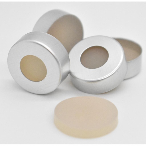 [G007-ACCSKFK30] 20 mm Aluminium Headspace Bördelkappen, mit 3 mm dickem pigmentfreiem ms-Pure Silikon/PTFE-Septum, Kappenfarbe silbrig