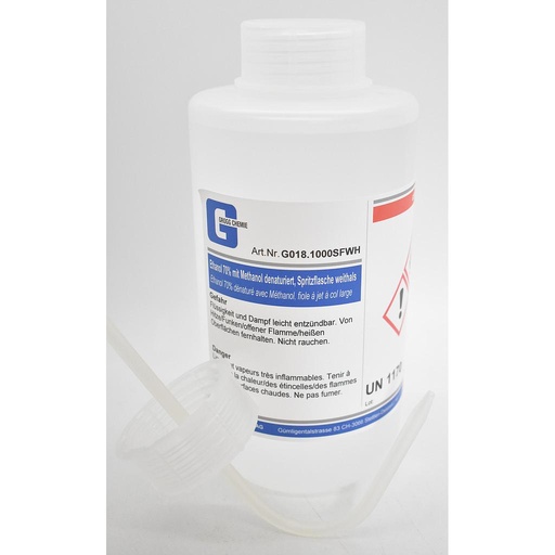[G018.1000SFWH] Ethanol 70% (vol.) denatured with methanol, filled in wide-neck spray bottle, complete incl. spray insert
