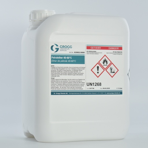 [G3952.5000] Ether de pétrole 40-60°C (Cette marchandise a été imposée à un taux de faveur ; elle ne peut donc pas être utilisée comme carburant. Les infractions sont sanctionnées conformément à la loi sur l'imposition des huiles minérales)